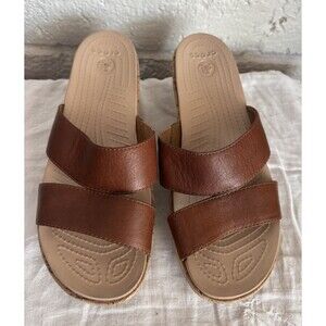Crocs Sandals Womens W6 Cork Wedge Brown Leather